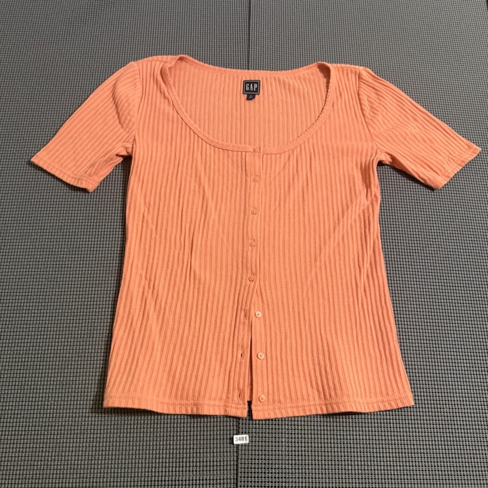 Gap Womens Peach Ribbed Button Front Short Sleeve Top Size S Tall